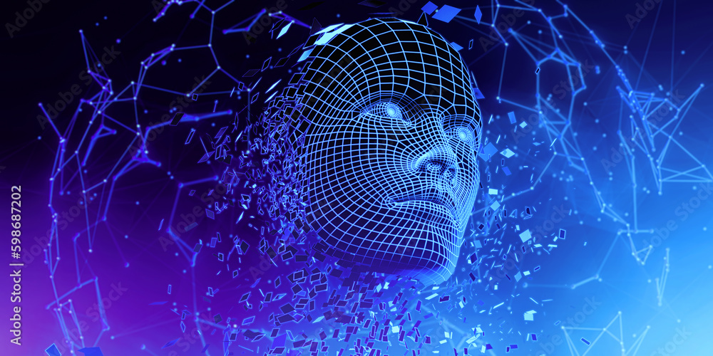 Poster artificial intelligence machine learning. digital human face. dispersion dissolve disintegration