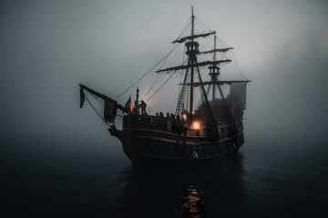A pirate ship in the middle of a foggy ocean. AI generative.