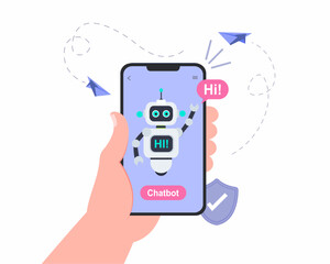 person holding smartphone with chatbot on screen. Artificial intelligence, customer support or service concept