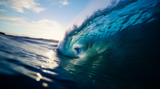 Perfect blue ocean Wave. Sea wave in crest shape. Barrel wave background for travel, vacation and serfer banner. Serfing background. Generative AI