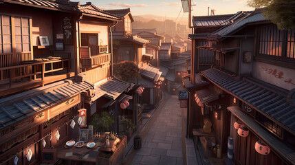 A view of a narrow street in an asian village. AI generative.