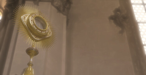 Jesus Cristo no ostensório presente no Sacramento da Eucaristia - Ilustração 3D