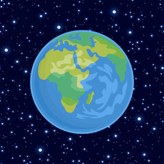 Planet Earth on the background of dark starry sky. Vector cartoon illustration.