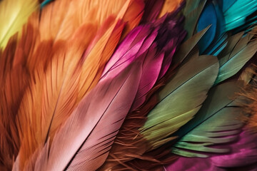Colorful feathers background. Mulicolor feathers background. Bird feathers pattern. Generative AI.
