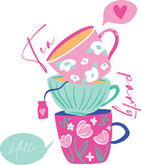 Print with tea cup and bubble speech for t-shirt, clothing, cards, message and more design.
