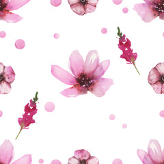 Pink rose lavender summer blooming floral watercolor flower seamless pattern hand drawn background isolated on white