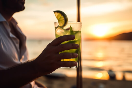 Vacation on a beach resort. Waiter with mojito cocktail on ocean beach at sunset. Beach bar drinks. Seashore bar. Generative AI .