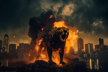Mystical scandinavian beast wolf Fenrir destroying modern city. Fenrir start Ragnarok, fire and smoke clouds. North Mythology background, . - obrazy, fototapety, plakaty