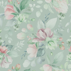 seamless floral watercolor pattern with garden pink flowers, leaves, branches. Botanical tiles, background. eucalyptus, peony, rose.