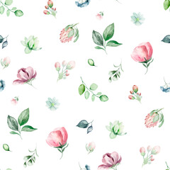 seamless floral watercolor pattern with garden pink flowers, leaves, branches. Botanical tiles, background. eucalyptus, peony, rose.