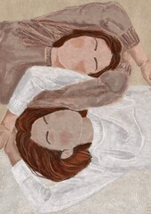Sisterhood. Two abstract women are laying together. Abstract boho poster. Bohemian art print. Modern contemporary illustration for a poster or postcard