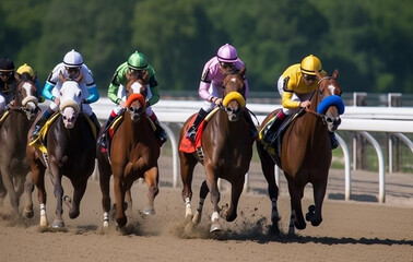 Horse racing jockeys riding horses on a race track, ai generative