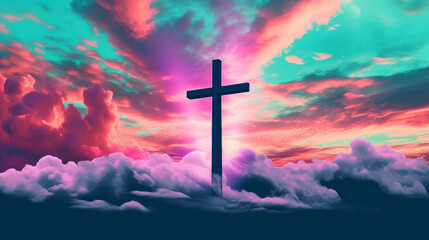 Jesus cross symbol on colorful clouds background. Colorful clouds background with Christian cross in the middle. Christian religion Cross on spiritual background.