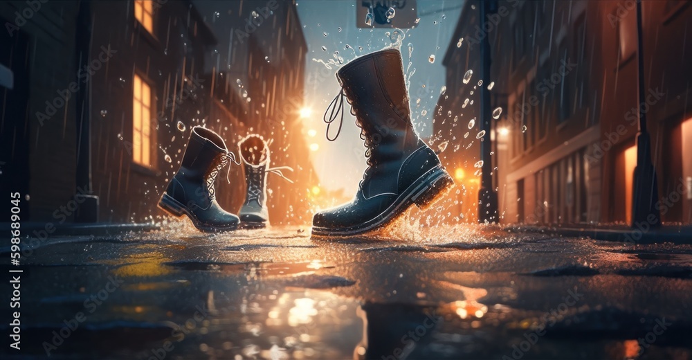 Poster a pair of boots splashing in a puddle of water. ai generative image.
