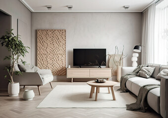 A beautiful modern living room with stylish appliances and abstract wall decor.A very cosy living room with all the accessories you need. Image generated by AI.