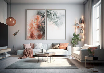 A beautiful modern living room with stylish appliances and abstract wall decor.A very cosy living room with all the accessories you need. Image generated by AI.