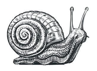 Big snail crawling sketch. Invertebrate animal in vintage engraving style. Vector illustration © ~ Bitter ~