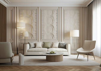 A beautiful modern living room with stylish appliances and abstract wall decor.A very cosy living room with all the accessories you need. Image generated by AI.