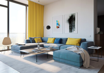 A beautiful modern living room with stylish appliances and abstract wall decor.A very cosy living room with all the accessories you need. Image generated by AI.