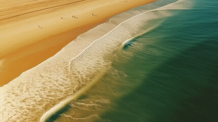 Aerial Drone view of beautiful beach. Top view on ocean waves and yellow sand beach. Copy space. Travel or Vacation banner background. Generative AI.