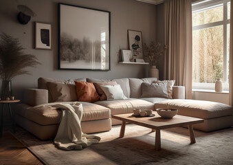 A beautiful modern living room with stylish appliances and abstract wall decor.A very cosy living room with all the accessories you need. Image generated by AI.