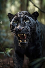 Wild black panthera roaring aggressively. Jungle forest running generative ai