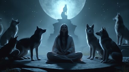 A woman shaman and wolves around