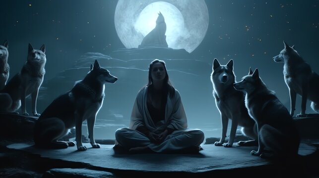 A woman shaman and wolves around