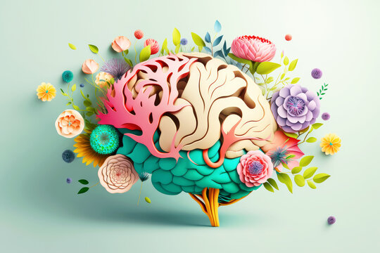 Human brain with spring colorful flowers. Concept of mental health, self care, happiness, harmony, positive thinking, creative mind. Generative ai.