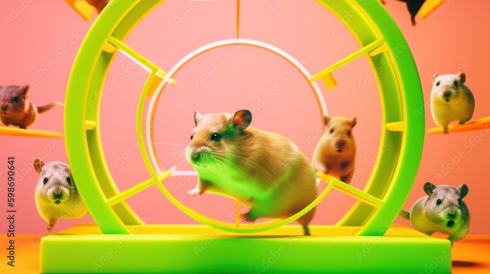 Aufkleber a hamster running in a wheel with other hamsters around it. ai generative image.