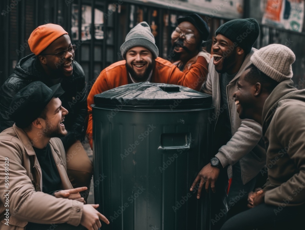 Poster a group of men standing around a trash can. ai generative image.