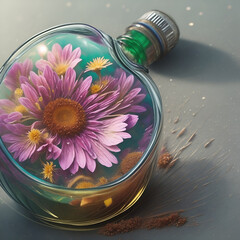 Very beautiful, fantastical florarium..ecosystem - a miniature garden in a bottle against the backdrop of a fantastic landscape. Illustration with AI.