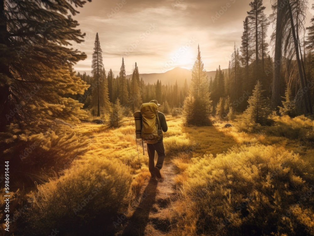 Poster a man with a backpack walking through a field. ai generative image.