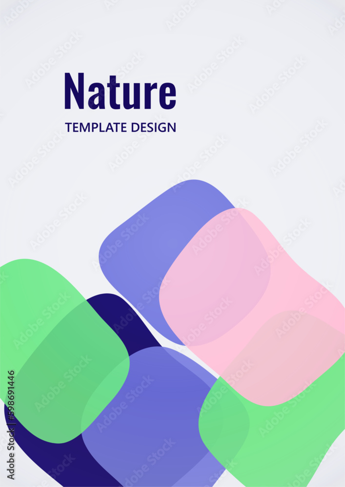 Poster geometric composition with a transparent overlay of colored rounded, square shapes. vector.
