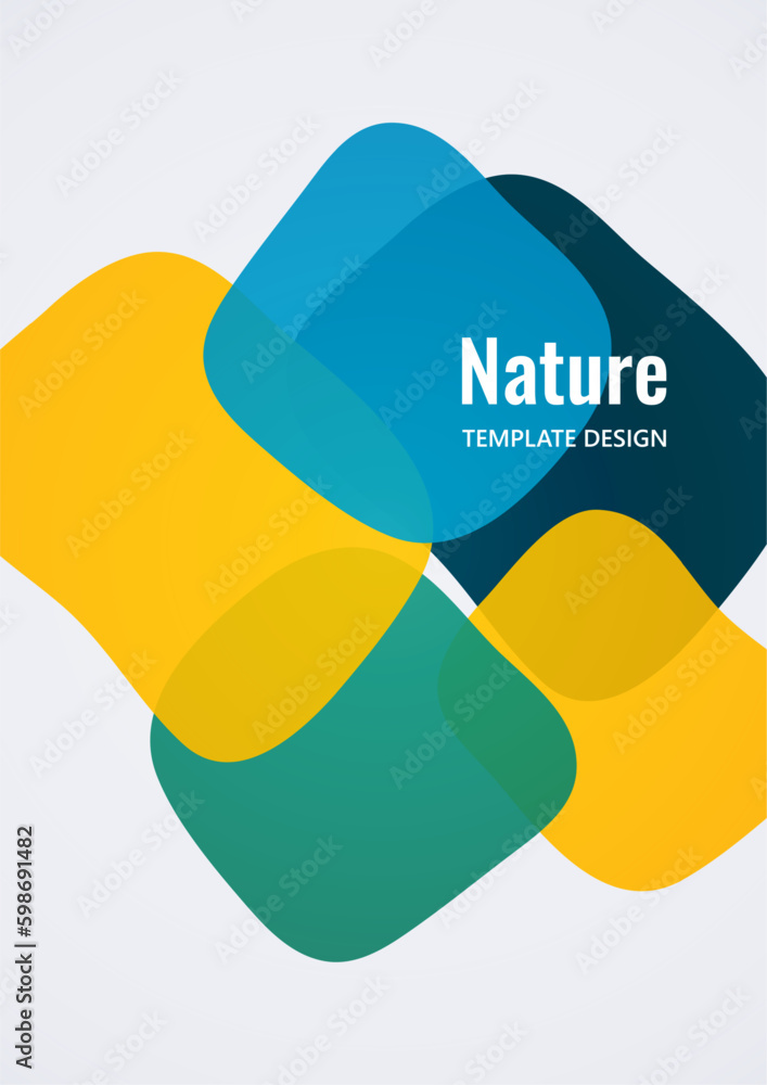 Poster geometric composition with a transparent overlay of colored rounded, square shapes. vector.