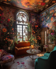Fototapeta na wymiar Room full of Flowers Rainbow Colorful Parlor Sitting Room Sunroom Generative AI