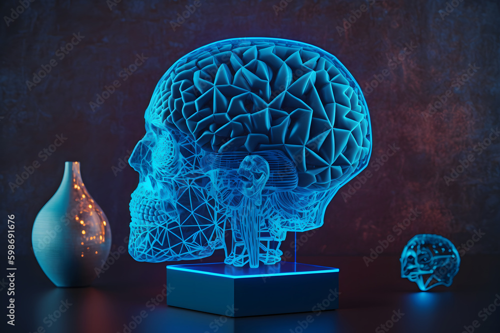 Poster human brain shape of an artificial intelligence with line dots on dark blue color background. digita