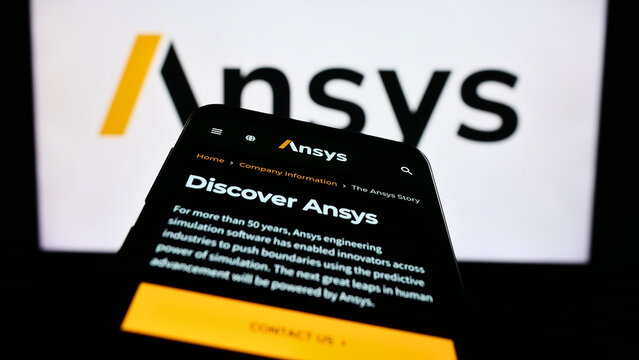 Stuttgart, Germany - 04-27-2023: Mobile phone with web page of US simulation software company Ansys Inc. on screen in front of business logo. Focus on top-left of phone display.