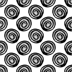 Small black ink spiral circles isolated on white background. Monochrome geometric seamless pattern. Vector simple flat graphic hand drawn illustration. Texture.