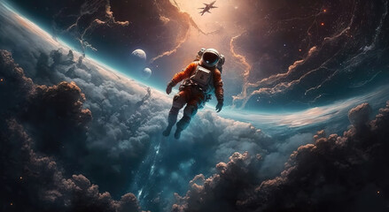 Obraz na płótnie Canvas an astronaut in space floating through the sky, generative ai technology
