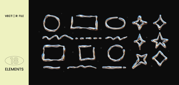Vector illustration - Set of chrome Y2K elements. Trendy shapes with  glossy liquid metal effect. Great for your design web or print projects.