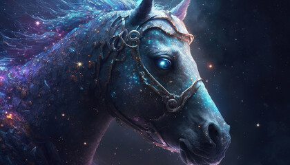 Obraz na płótnie Canvas a fantasy ancient horse in space, fairytale artstyle, generative ai technology