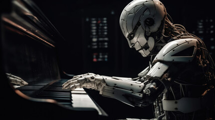 Fototapeta na wymiar Robot playing piano. Ai with a musical instrument. Futuristic concept technology generative ai.