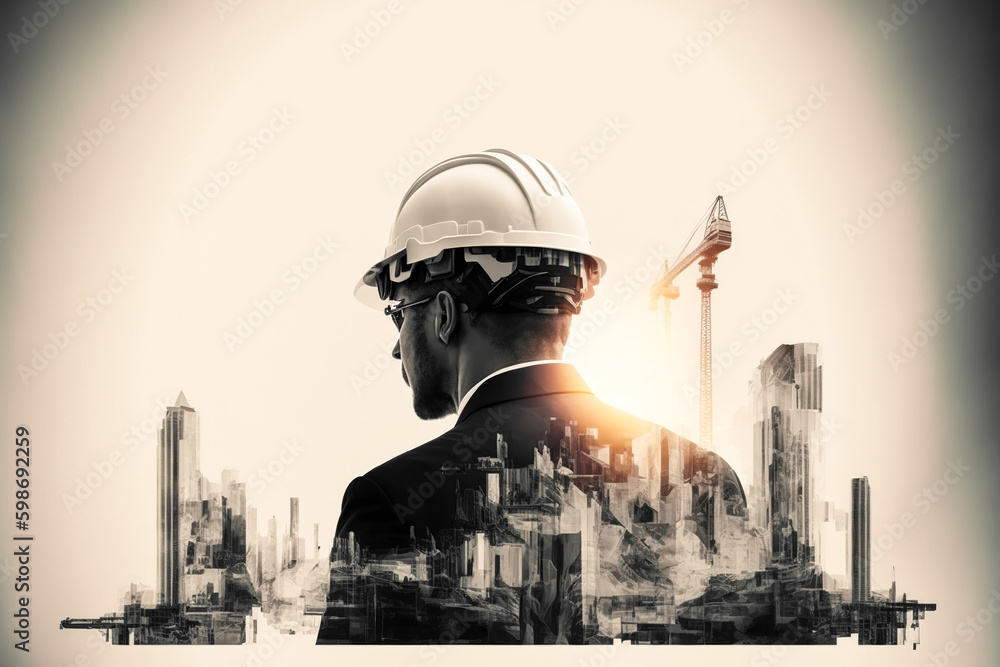 Poster civil engineer portrait as concept for building construct by professional with hardhat helmet engine