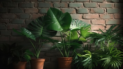 Tropical green plant on the background of a brick wall. Generative Ai
