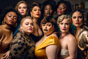 Fototapeta premium Diverse group of curvy, plus size, active, big, chubby woman standing next to each other. AI generative illustration, plus size beauty campaign