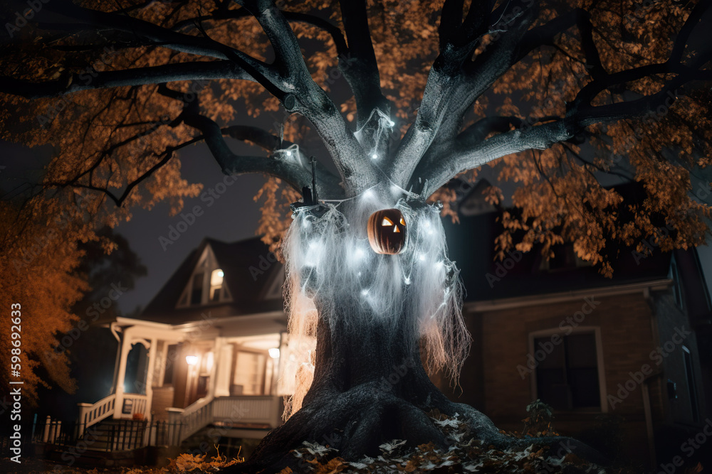 Poster a creepy looking tree with a scary face on it. ai generative.