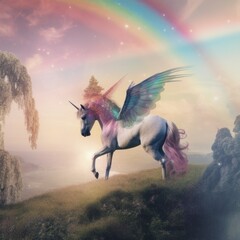 Fototapeta na wymiar A white unicorn with a rainbow in the sky. AI generative image.
