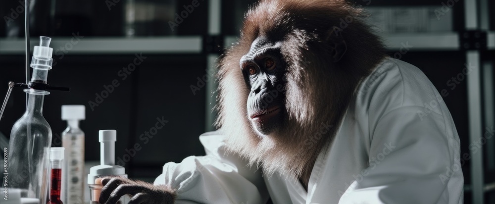 Poster a monkey in a lab coat sitting at a table. ai generative image.