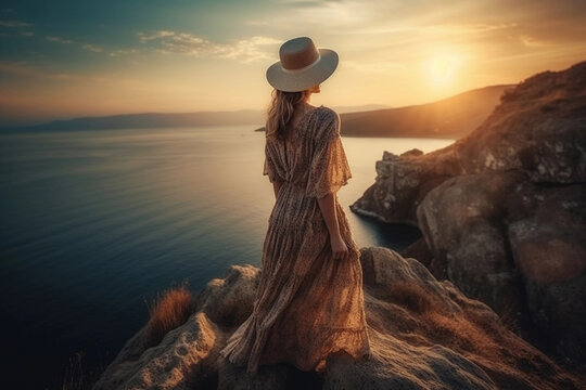 A Young Woman Enjoying Sunset, Sitting Near Sea, Created With Generative AI Technology.